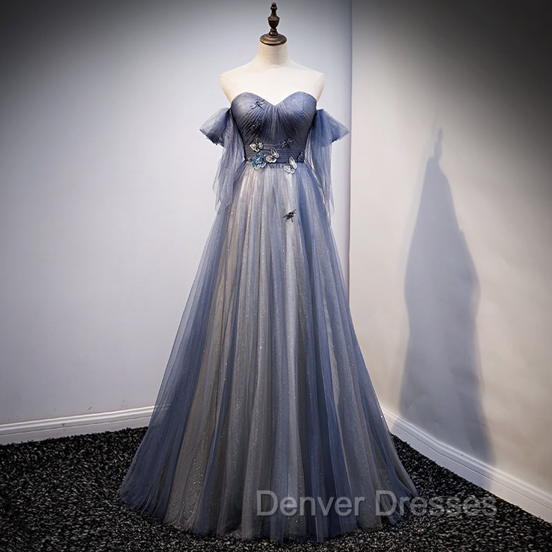 Blue and Grey Tulle Long Sweetheart Party Dress, Tulle A-line Formal Dress
