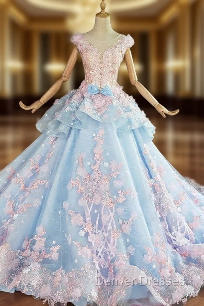 Blue and Pink Ball Gown Tulle with Flowers Sweet 16 Dress, Blue Formal Dress