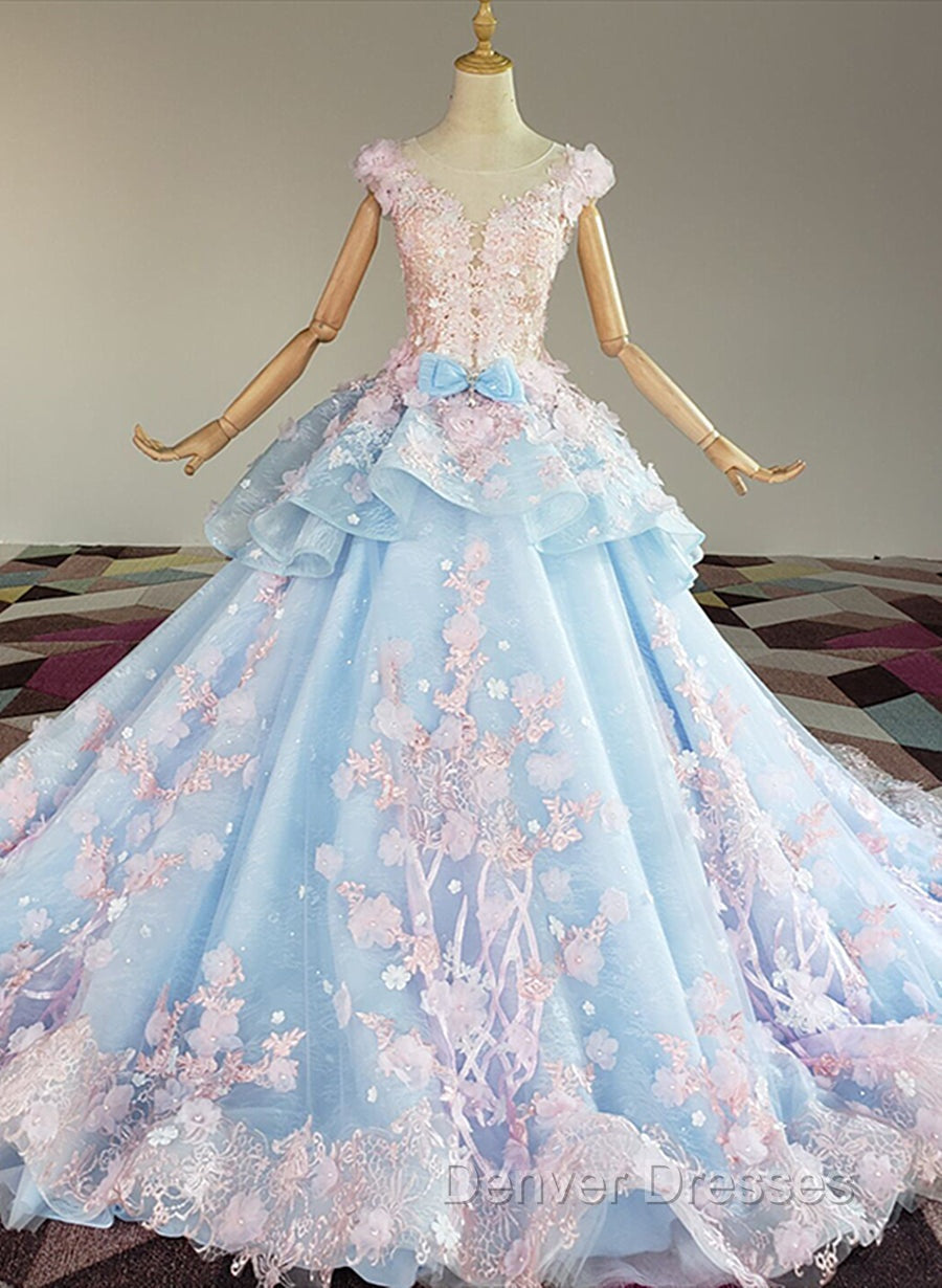 Blue and Pink Ball Gown Tulle with Flowers Sweet 16 Dress, Blue Formal Dress Secondary image