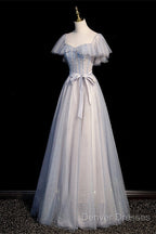 Blue And Pink Beaded Tulle Lovely A-Line Long Party Dress, Tulle Evening Dress Prom Dress