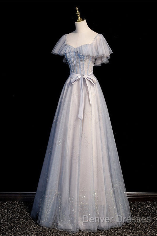 Blue And Pink Beaded Tulle Lovely A-Line Long Party Dress, Tulle Evening Dress Prom Dress