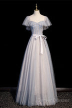 Blue And Pink Beaded Tulle Lovely A-Line Long Party Dress, Tulle Evening Dress Prom Dress