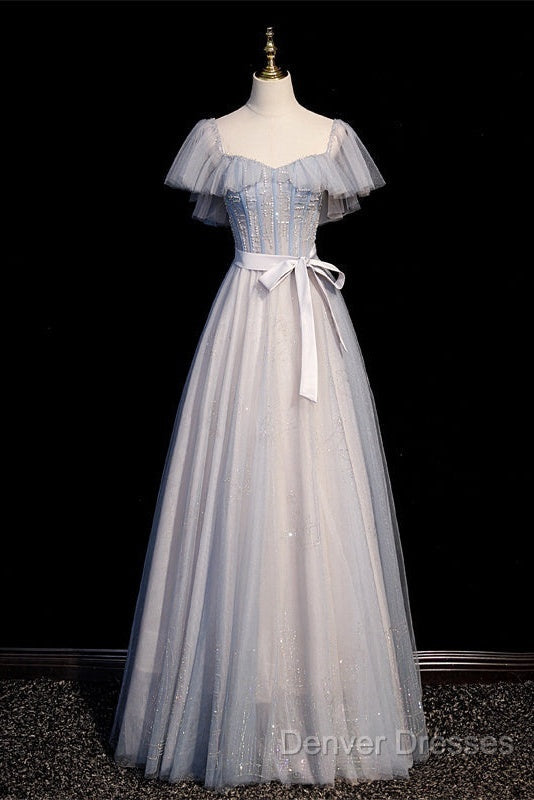 Blue And Pink Beaded Tulle Lovely A-Line Long Party Dress, Tulle Evening Dress Prom Dress