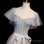 Blue And Pink Beaded Tulle Lovely A-Line Long Party Dress, Tulle Evening Dress Prom Dress