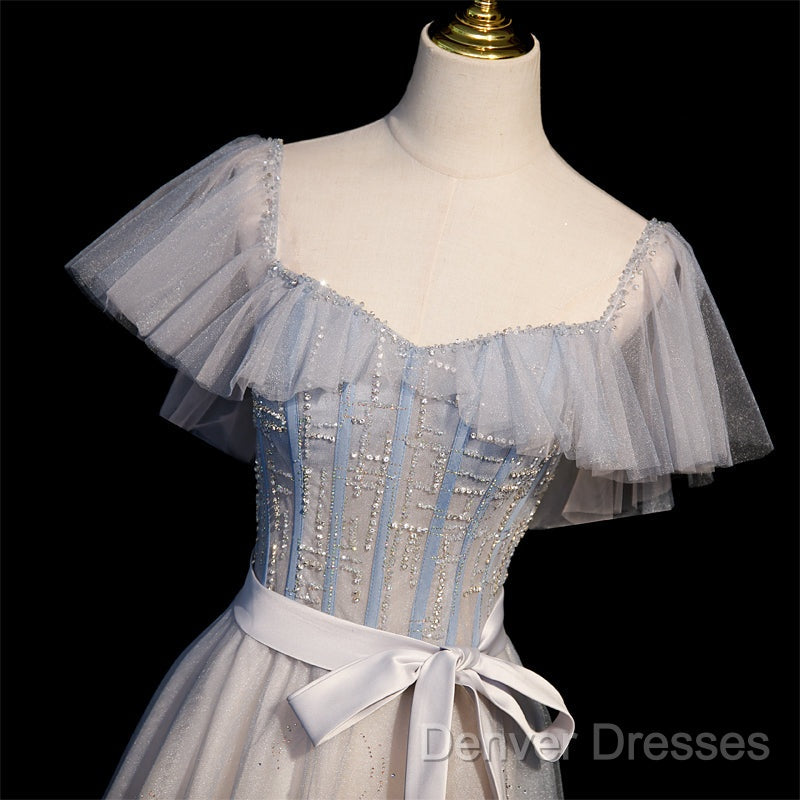 Blue And Pink Beaded Tulle Lovely A-Line Long Party Dress, Tulle Evening Dress Prom Dress