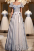 Blue And Pink Beaded Tulle Lovely A-Line Long Party Dress, Tulle Evening Dress Prom Dress