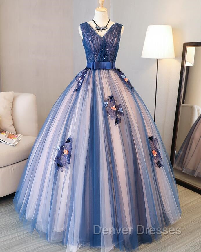 Blue and Pink Flower Lace Applique V-neckline Sweet 16 Gown, Floor Length Formal Dress Secondary image