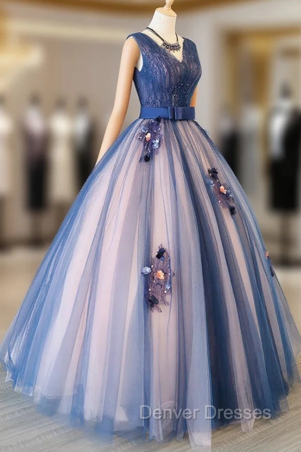Blue and Pink Flower Lace Applique V-neckline Sweet 16 Gown, Floor Length Formal Dress