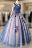 Blue and Pink Flower Lace Applique V-neckline Sweet 16 Gown, Floor Length Formal Dress