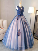 Blue and Pink Flower Lace Applique V-neckline Sweet 16 Gown, Floor Length Formal Dress