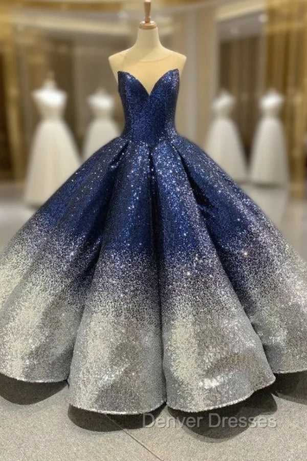 Blue And Silver Ball Gown Sequins Cap Sleeve Prom Dress Main image