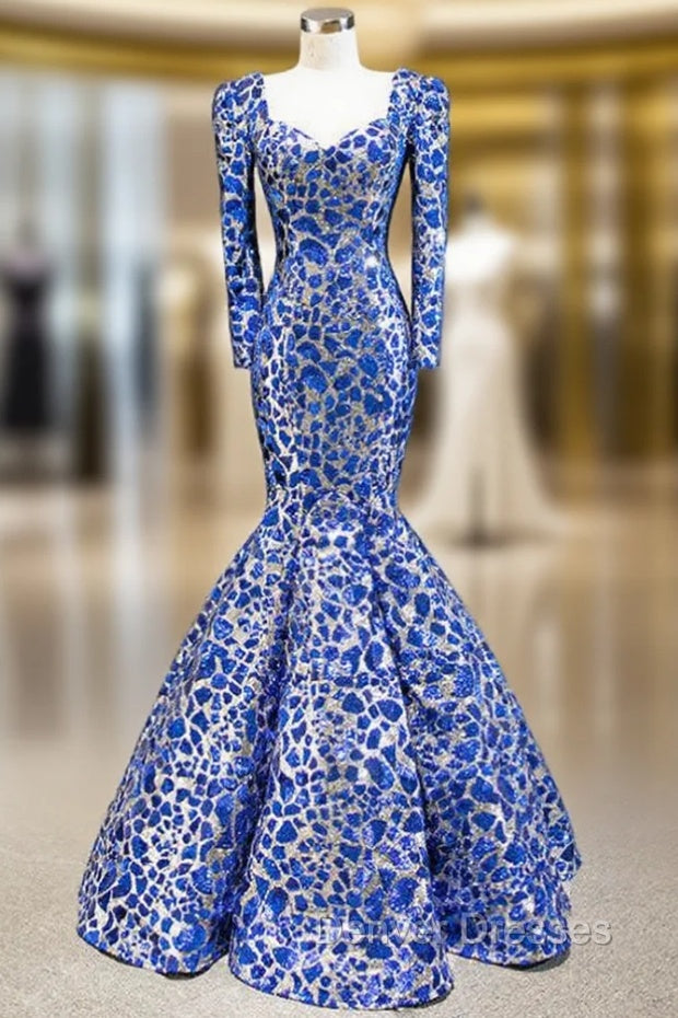 Blue And Silver Sequins Mermaid Long Sleeve Square Prom Dress Main image