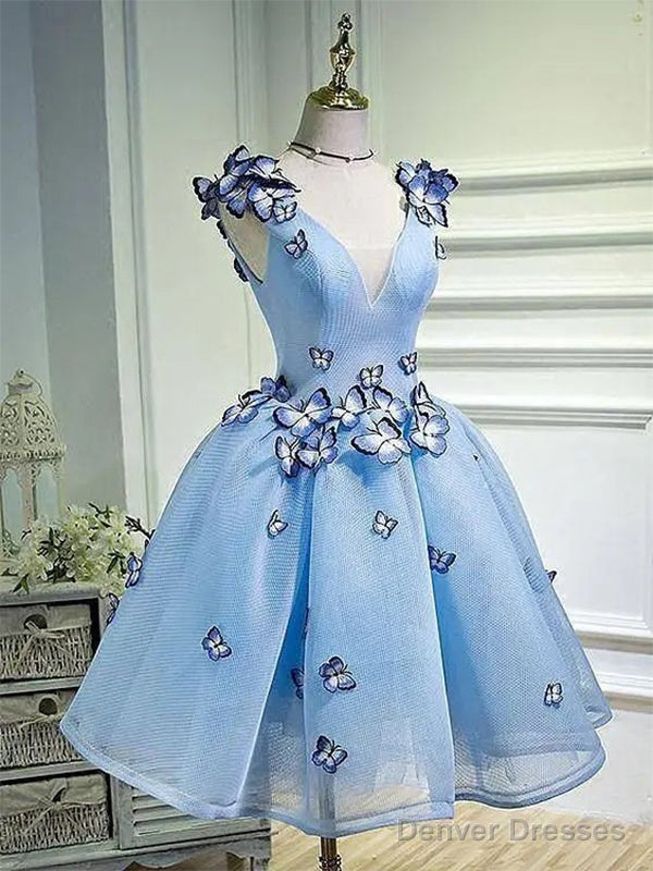 Blue Applique V-Neck Short Homecoming Dress,