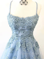 Blue Backless Lace Prom Dress, Open Back Blue Lace Formal Evening Graduation Dress