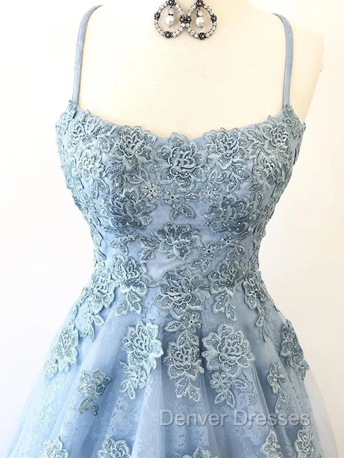 Blue Backless Lace Prom Dress, Open Back Blue Lace Formal Evening Graduation Dress