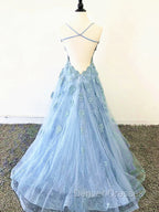 Blue Backless Lace Prom Dress, Open Back Blue Lace Formal Evening Graduation Dress