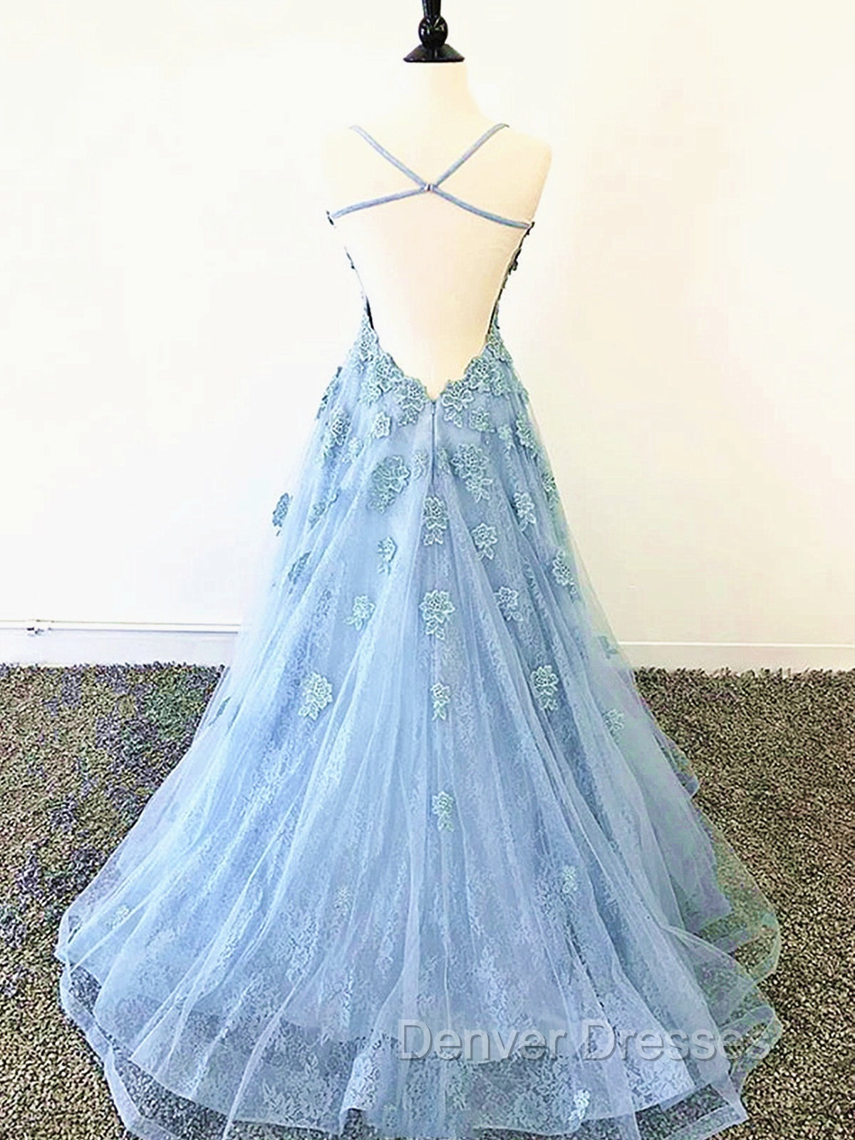 Blue Backless Lace Prom Dress, Open Back Blue Lace Formal Evening Graduation Dress