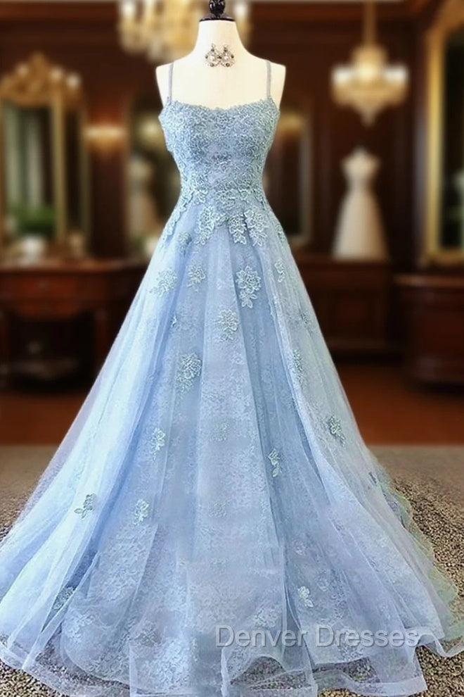 Blue Backless Lace Prom Dress, Open Back Blue Lace Formal Evening Graduation Dress Main image