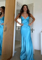 Blue Backless Mermaid Satin Long Evening Prom Dress