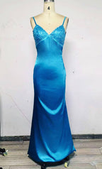 Blue Backless Mermaid Satin Long Evening Prom Dress