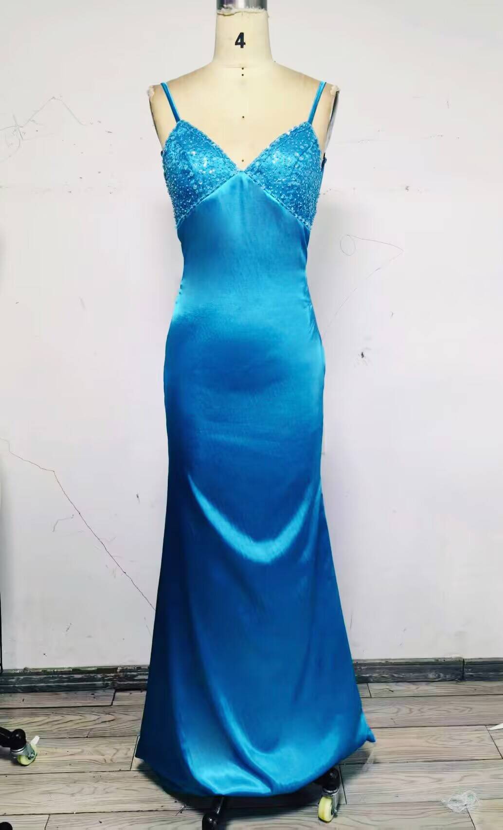 Blue Backless Mermaid Satin Long Evening Prom Dress