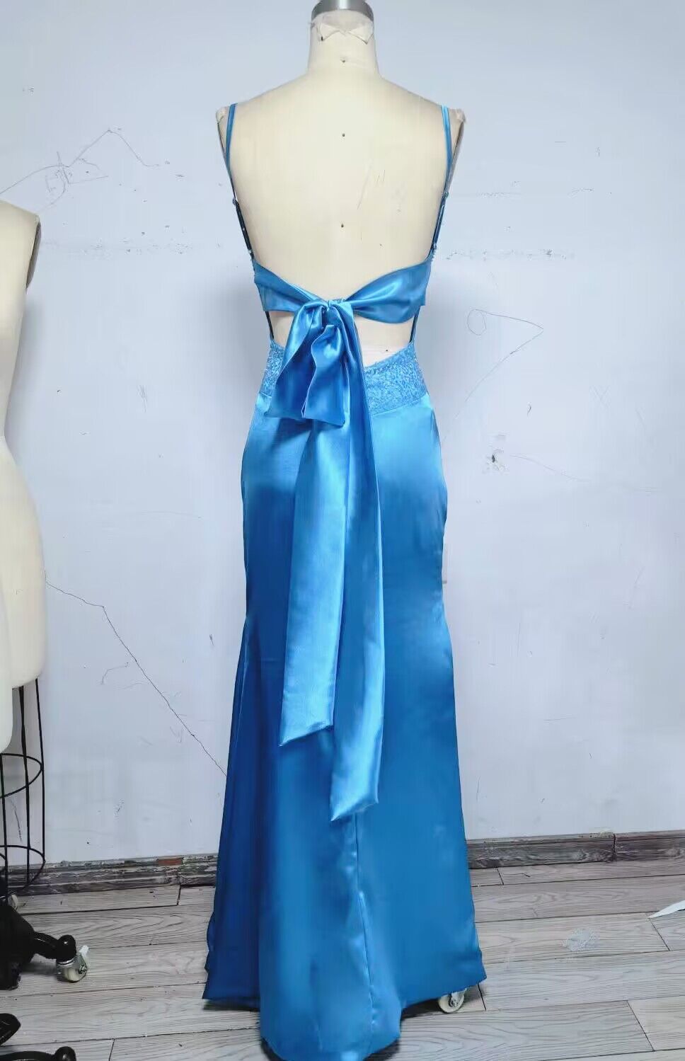 Blue Backless Mermaid Satin Long Evening Prom Dress
