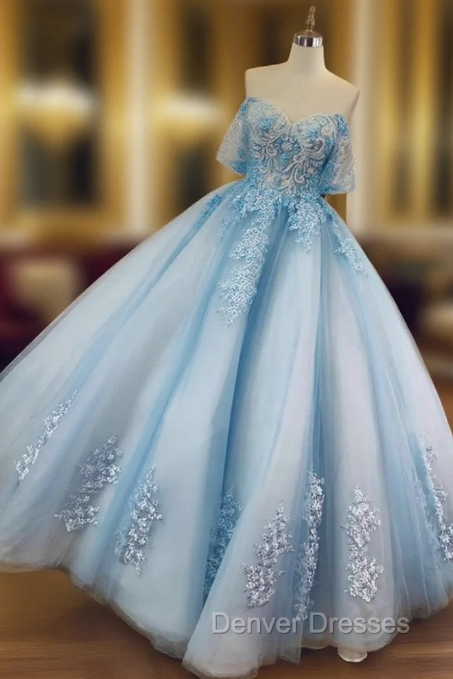 Blue Ball Gown Beaded and Lace Long Sweet 16 Dress, Blue Tulle Formal Dress Main image