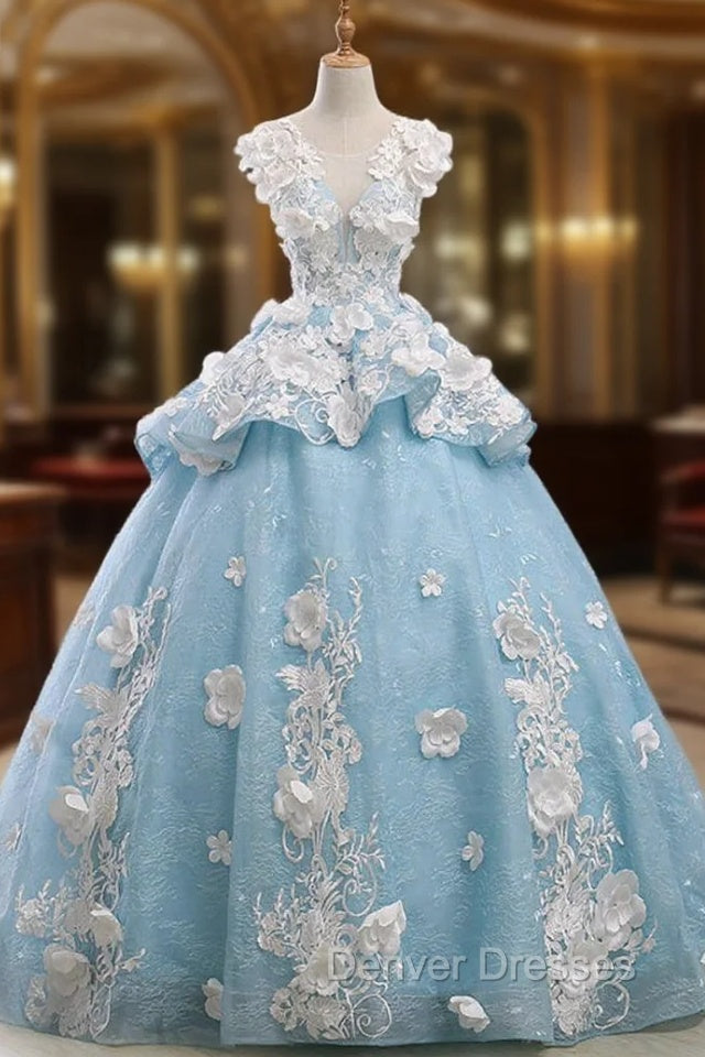 Blue Ball Gown Cap Sleeve Organza Flower Backless Wedding Dress Main image
