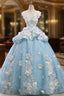 Blue Ball Gown Cap Sleeve Organza Flower Backless Wedding Dress