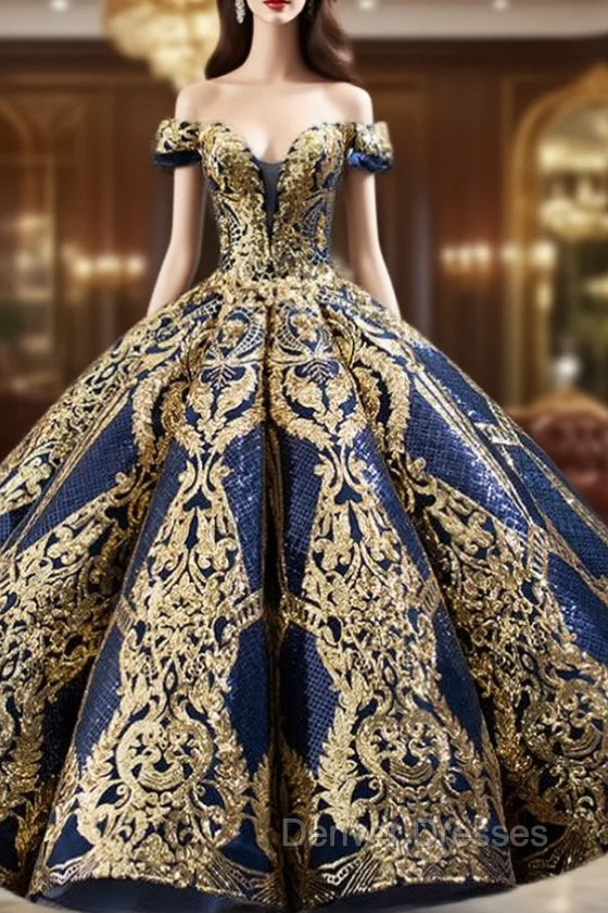 Blue Ball Gown Gold Sequins Off the Shoulder Deep V-neck Prom Dress Main image