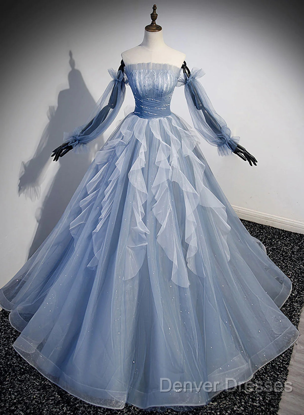 Blue Ball Gown Long Sleeves Beaded Party Dress, Blue Prom Dress Sweet 16 Dress Secondary image