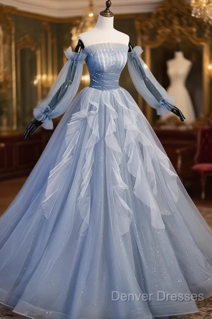Blue Ball Gown Long Sleeves Beaded Party Dress, Blue Prom Dress Sweet 16 Dress