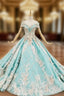 Blue Ball Gown Off the Shoulder Appliques Beading Prom Dress