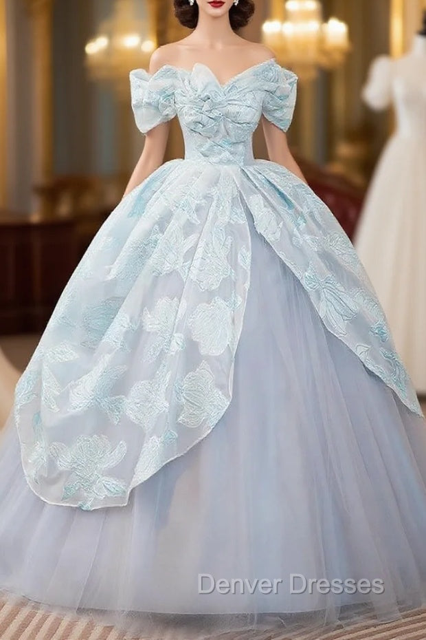 Blue Ball Gown Print Tulle Off the Shoulder Quinceanera Dress Main image