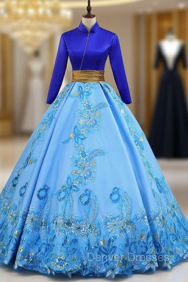 Blue Ball Gown Satin High Neck Backless Long Sleeve Appliques Quinceanera Dress Main image