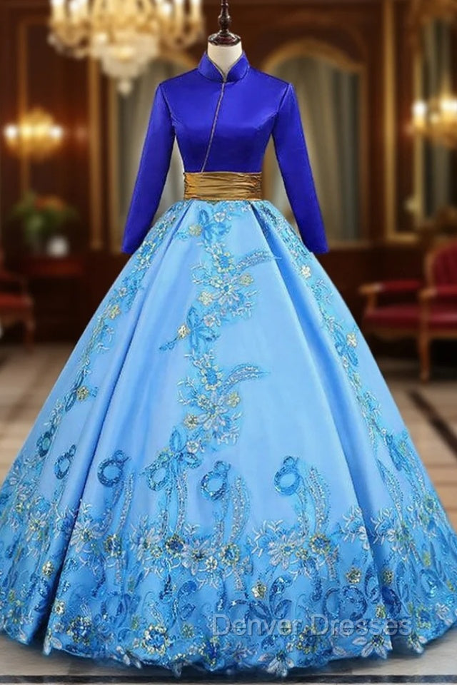 Blue Ball Gown Satin High Neck Long Sleeve Embroidery Quinceanera Dress Main image