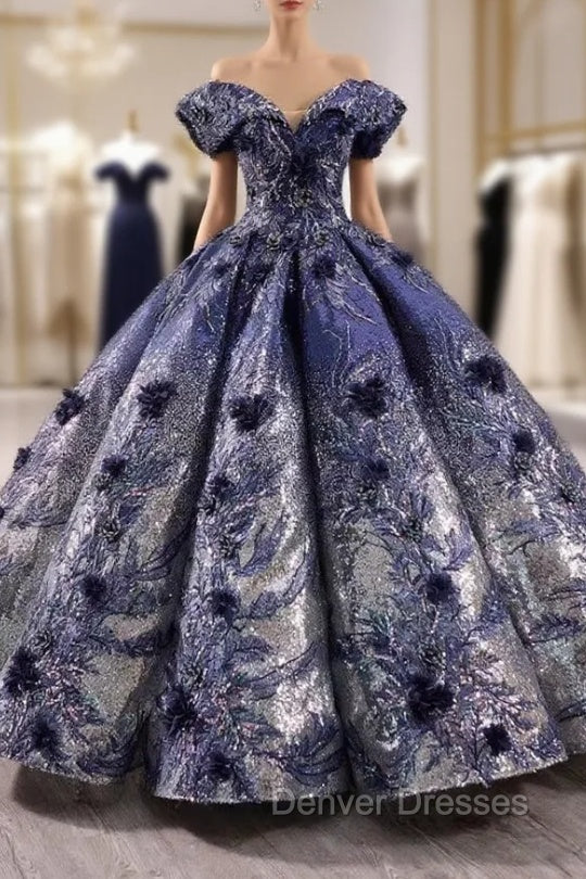 Blue Ball Gown Sequins Appliques Off the Shoulder Prom Dress