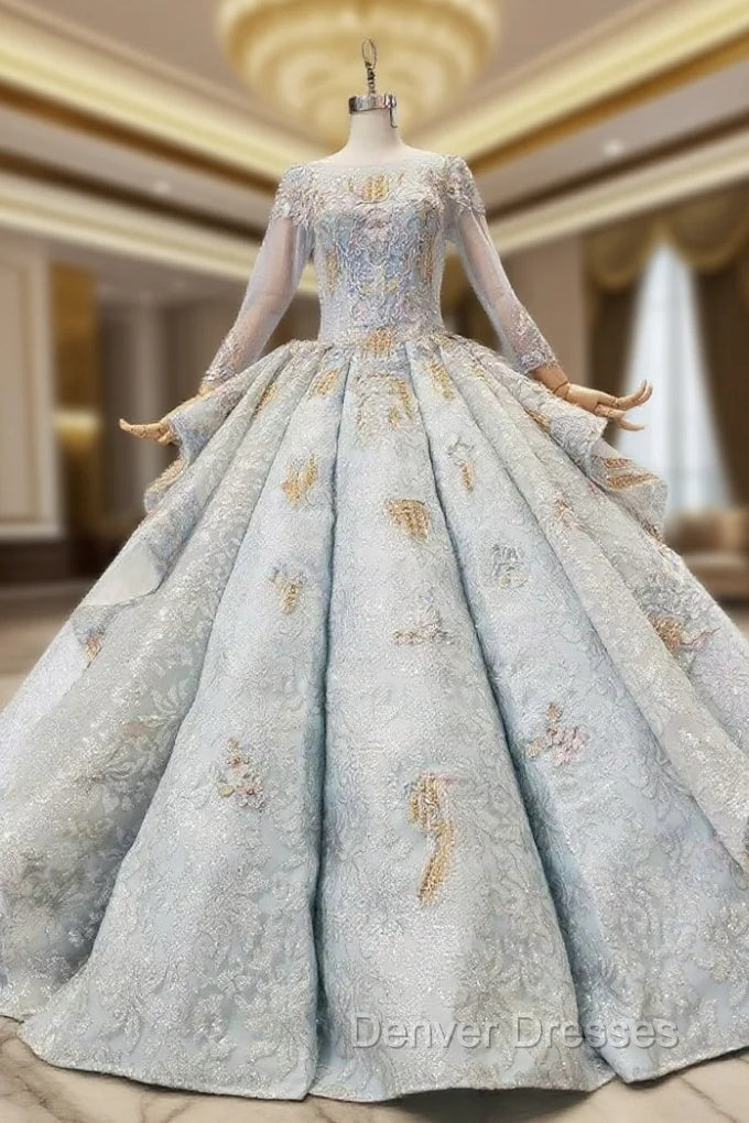 Blue Ball Gown Sequins Long Sleeve Appliques Luxury Wedding Dress With Pearls Main image