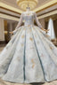 Blue Ball Gown Sequins Long Sleeve Appliques Luxury Wedding Dress With Pearls