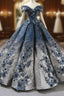 Blue Ball Gown Sequins Off The Shoulder Appliques Floor Length Wedding Dress
