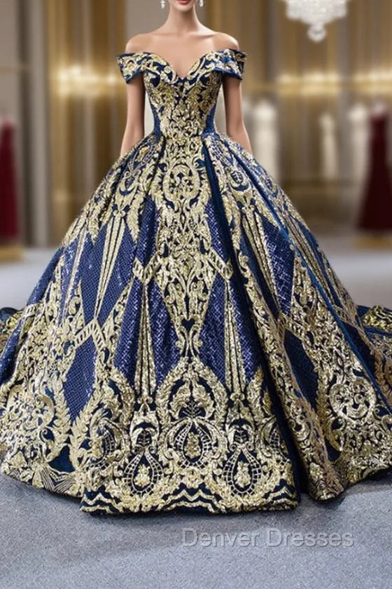 Blue Ball Gown Sequins Off the Shoulder Luxury Prom Dress