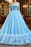Blue Ball Gown Sequins Strapless Pleats Sleeveless Prom Dress