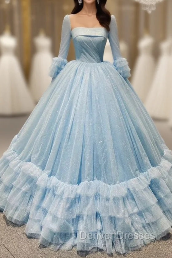 Blue Ball Gown Sequins Tulle Long Sleeve Pleats Prom Dress Main image