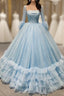 Blue Ball Gown Sequins Tulle Long Sleeve Pleats Prom Dress