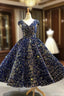 Blue Ball Gown Sequins V-neck Cap Sleeve Prom Dress