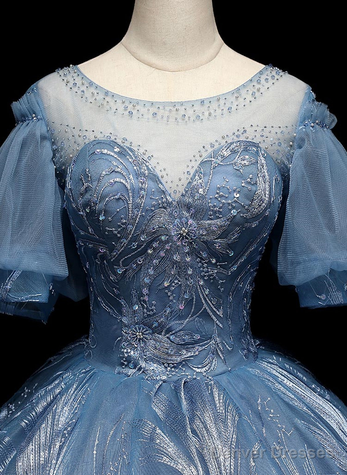 Blue Ball Gown Short Sleeves Tulle Long Party Dress, Blue Tulle Prom Dress