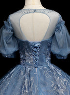 Blue Ball Gown Short Sleeves Tulle Long Party Dress, Blue Tulle Prom Dress