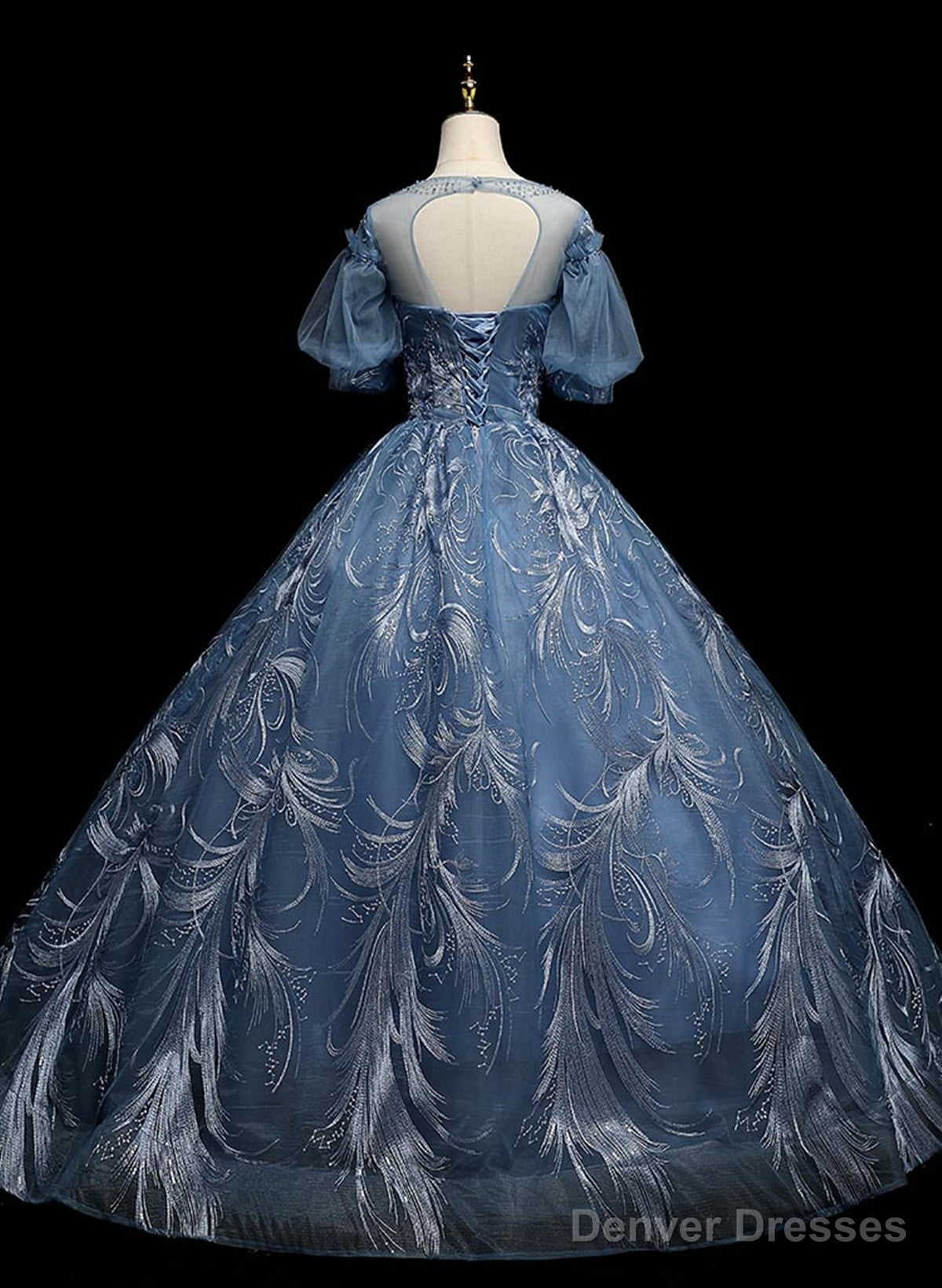 Blue Ball Gown Short Sleeves Tulle Long Party Dress, Blue Tulle Prom Dress