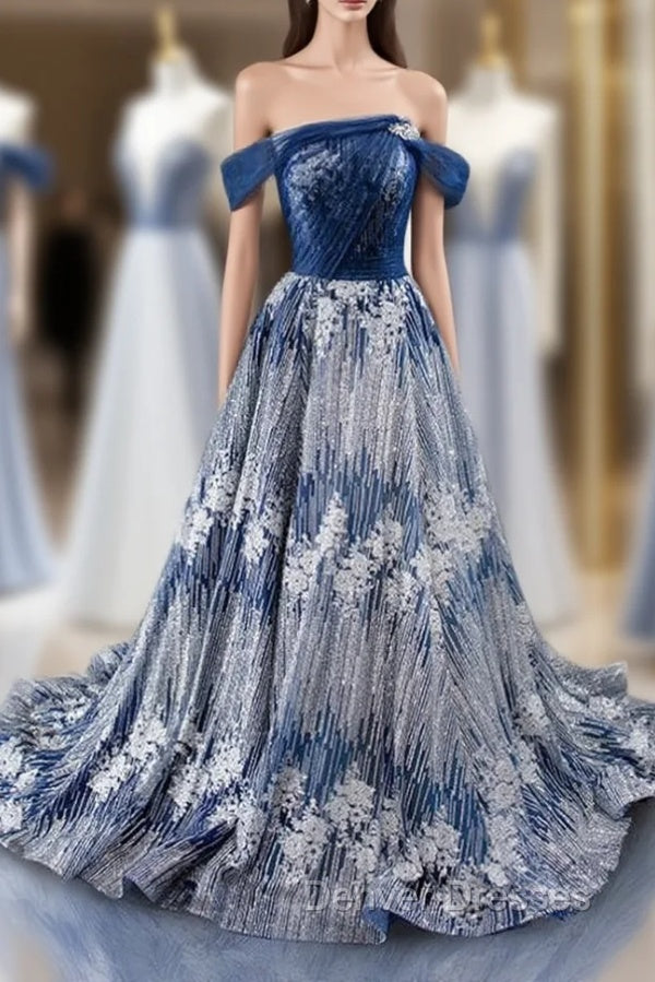 Blue Ball Gown Silver Sequins Off the Shoulder Prom Dress