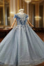 Blue Ball Gown Tulle Appliques Beading Flwoer Girl Dress